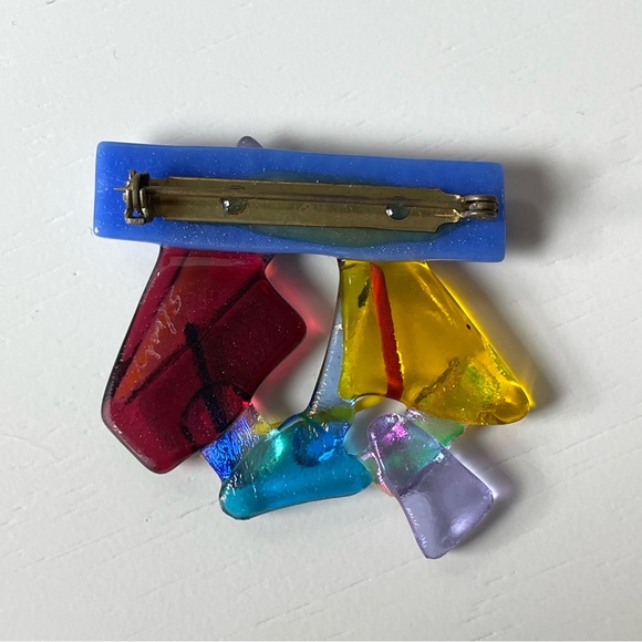 Signed vintage colorful fused art glass brooch ‘80s ‘90s - Picture 6 of 12